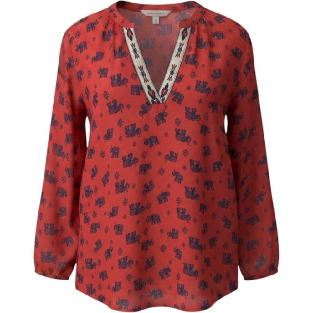 Society Girl Blouse navy blue elephant pattern decorated V-neckline S old money